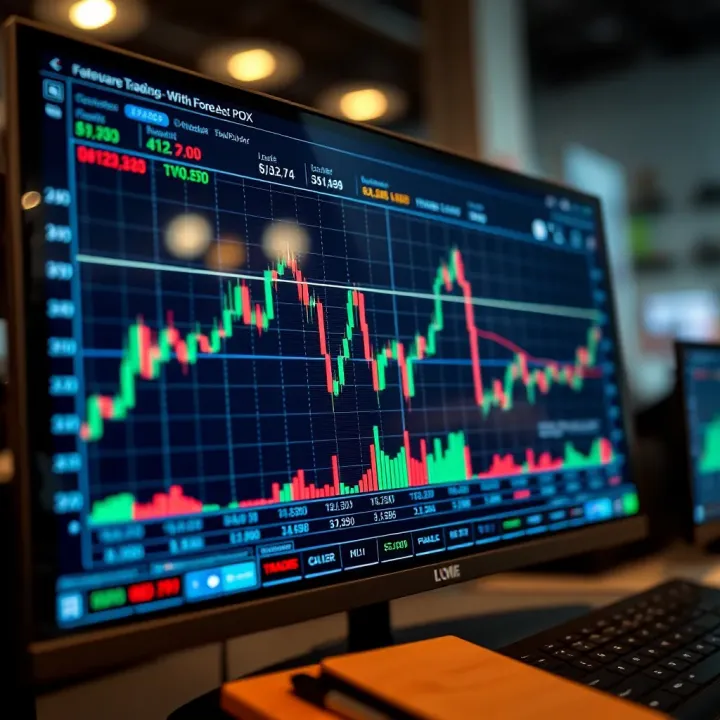 Graph showing forex trading fluctuations on a digital screen with a demo account interface