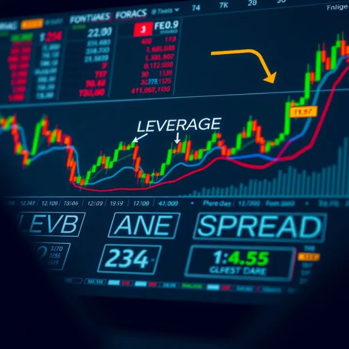 Diagram explaining leverage and spreads in forex trading with charts and numerical indicators