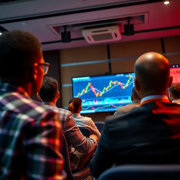 Forex trading seminar attendees focusing on a digital currency chart presentation in Durban