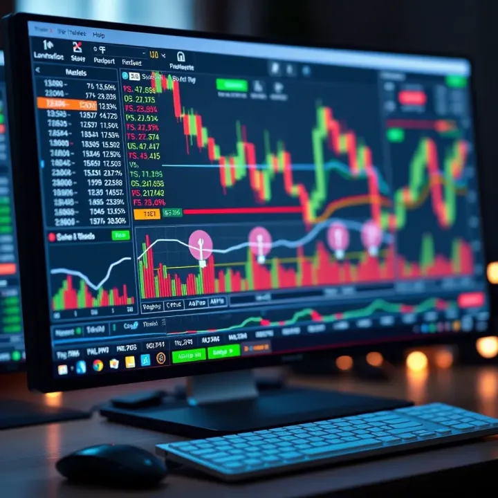 Computer screen displaying forex trading software with various currency charts and real-time market data