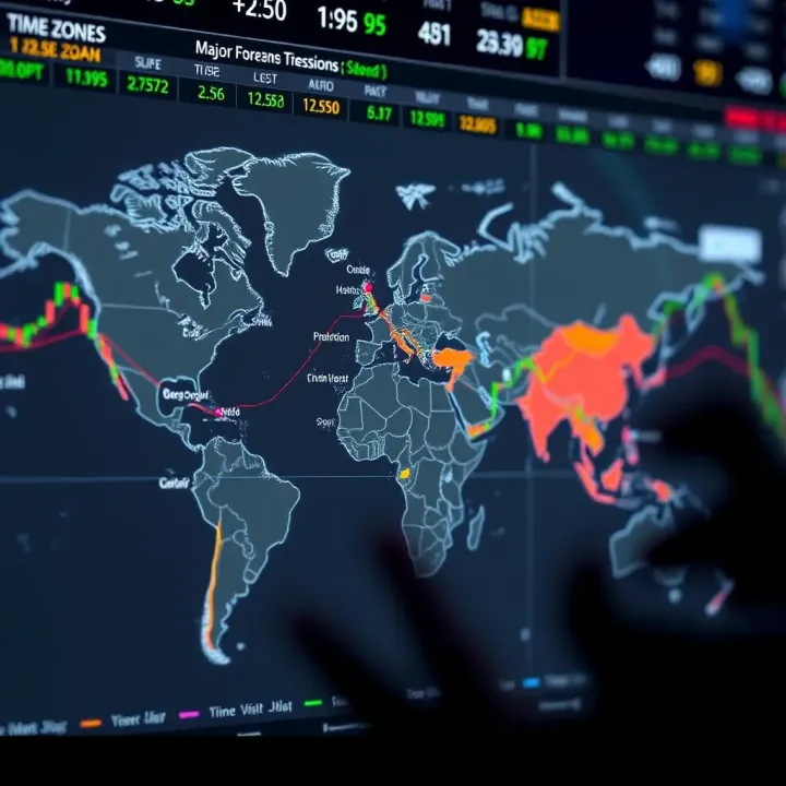 Global map highlighting major forex trading sessions and their respective time zones