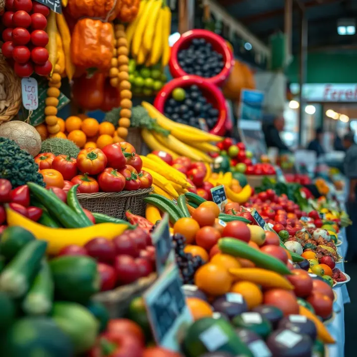 Fresh colorful selection of fruits and vegetables neatly displayed at Kuilsriver market stall