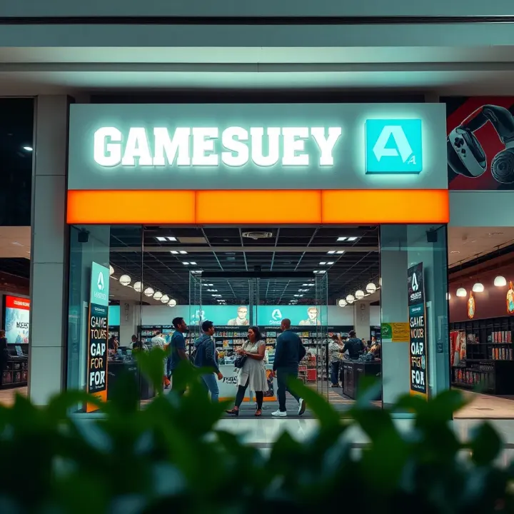 Exterior view of a modern game store in a South African shopping mall with clear signage and customers entering