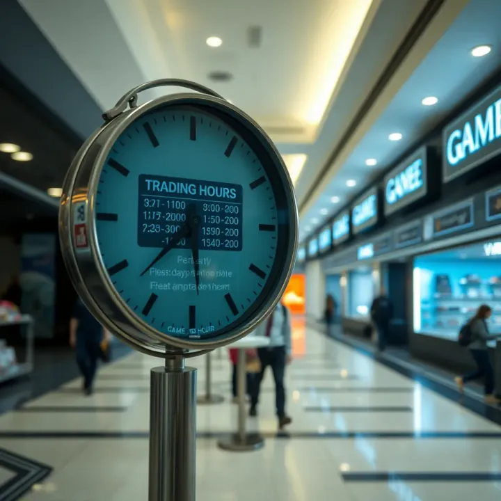 Clock showing store operating hours against the backdrop of a shopping mall corridor
