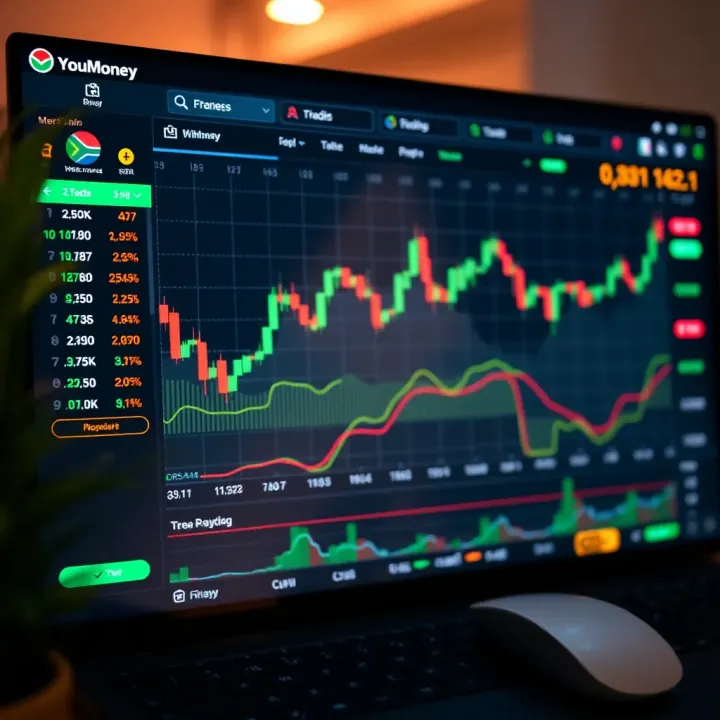 Interface showing binary options trading dashboard with charts and market data