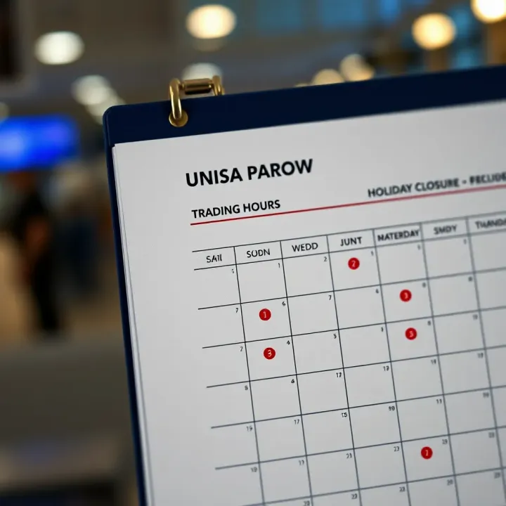 UNISA Parow Trading Hours and Holiday Schedule Calendar highlighting UNISA Parow trading hours with marked holiday closures