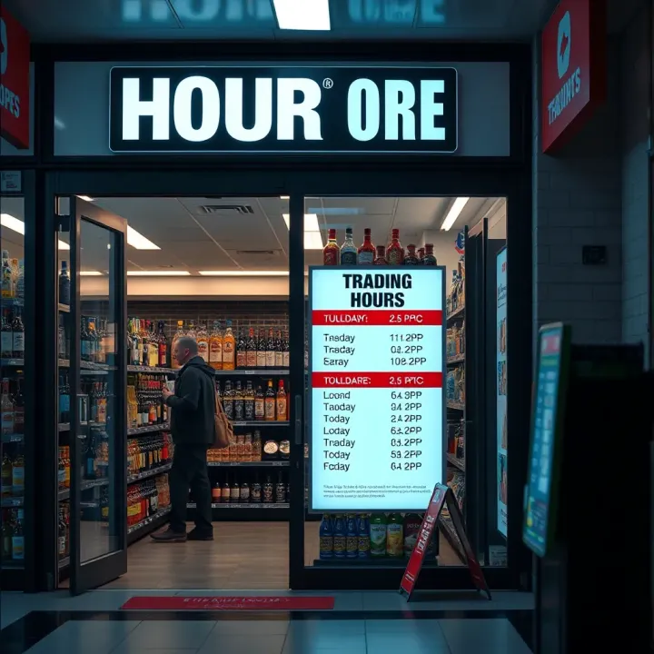 Liquor store entrance with clear trading hours sign displayed under Level 1 restrictions