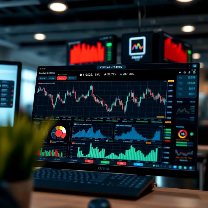 Illustration of virtual trading dashboard with charts and performance metrics