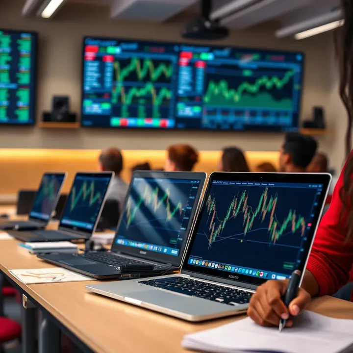 Classroom setting showing forex trading course materials and laptops with currency charts