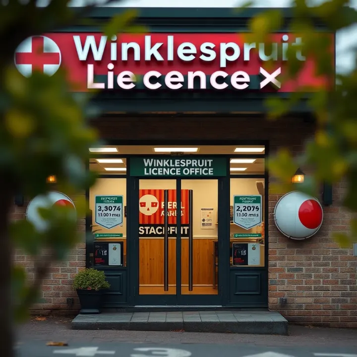 Exterior view of Winklespruit Licence Office showing the entrance and operating hours sign